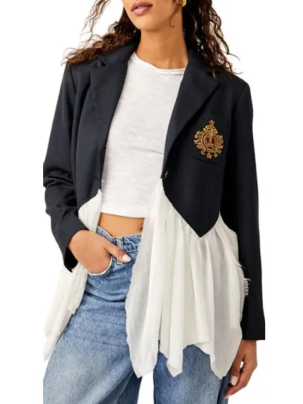 Free People Women's Sz S Ballet School Blazer Embroider Patch Navy - Picture 2 of 9